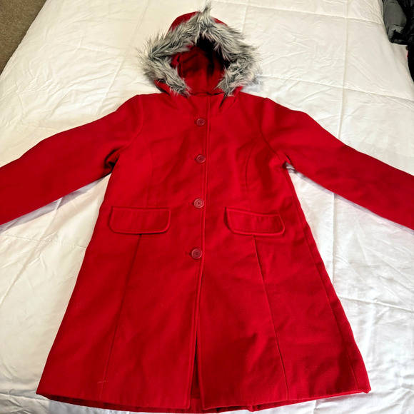NWT Cat & Jack Girls Red Pea Coat Jacket Faux Fur Trim Hooded Classy Sz Large - Picture 1 of 5